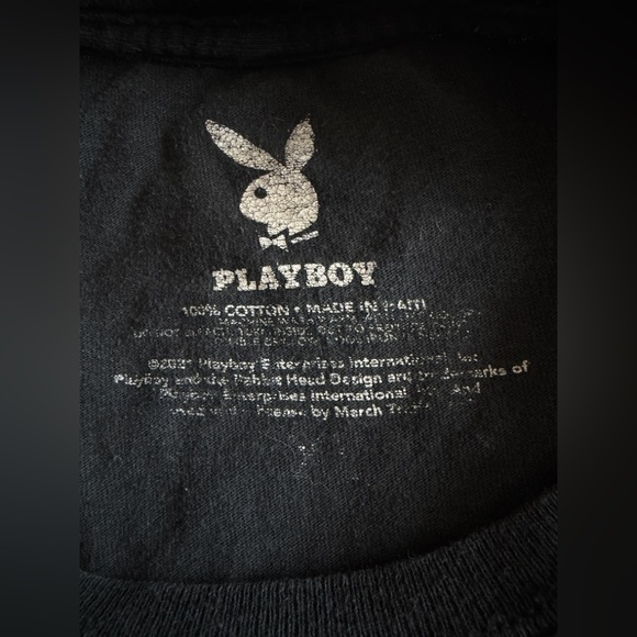 Playboy Black Tee with Pink Rose Design - Picture 4 of 4